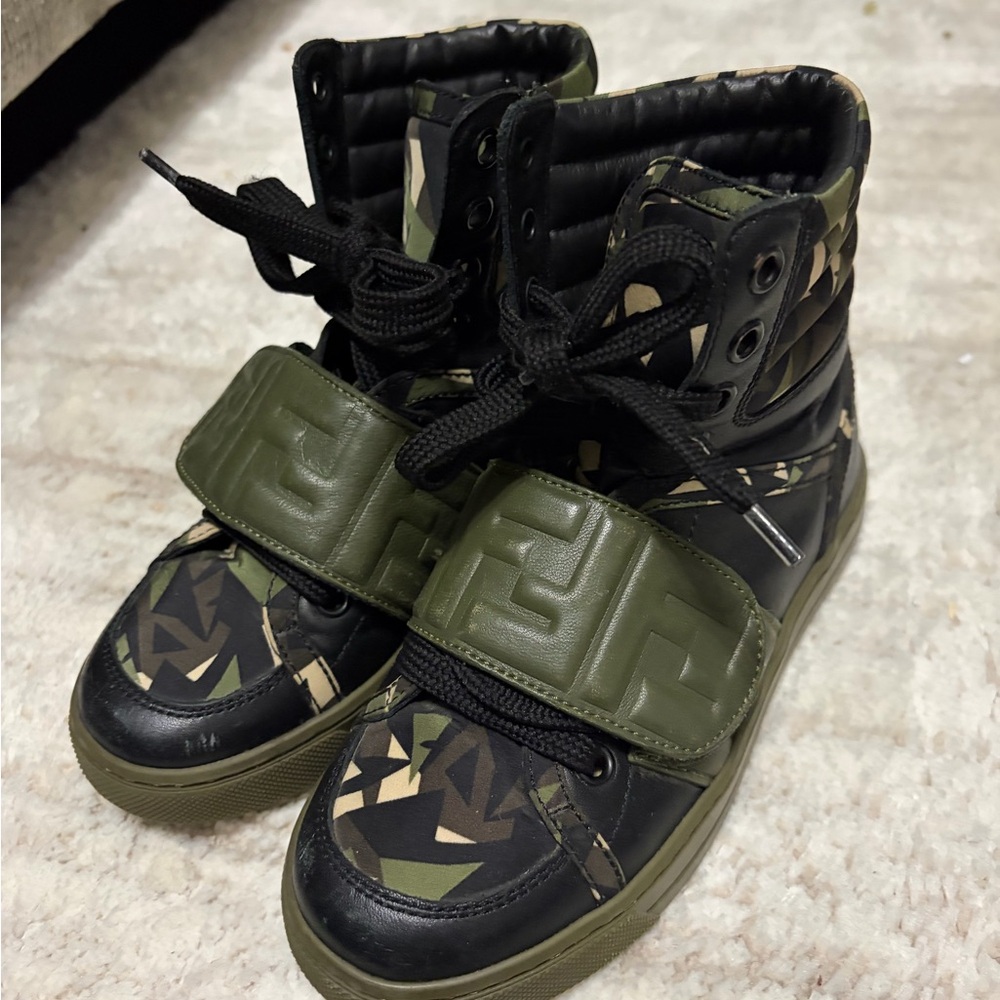 Fendi Kids High-Top Sneakers in Olive Green and Black Camo